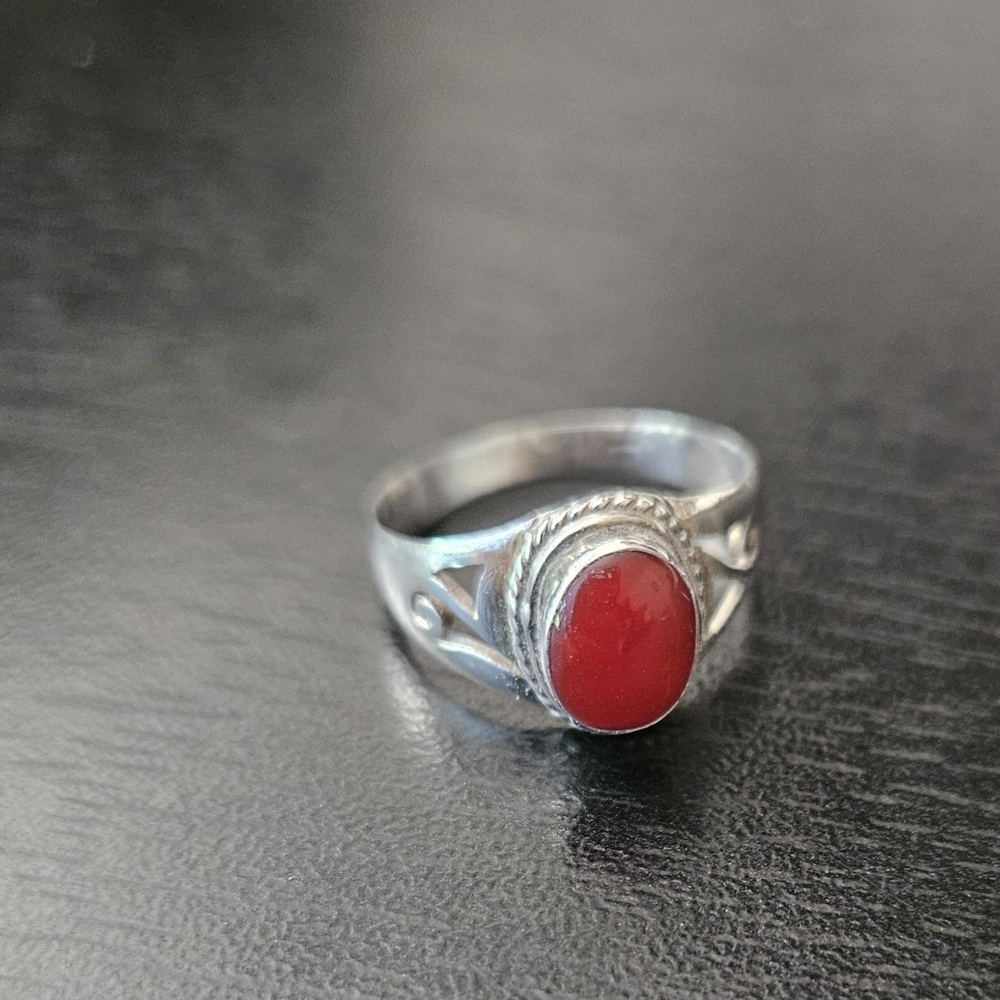 *SOLD* Sterling Silver and Red Coral Stone Ring Size 5.5